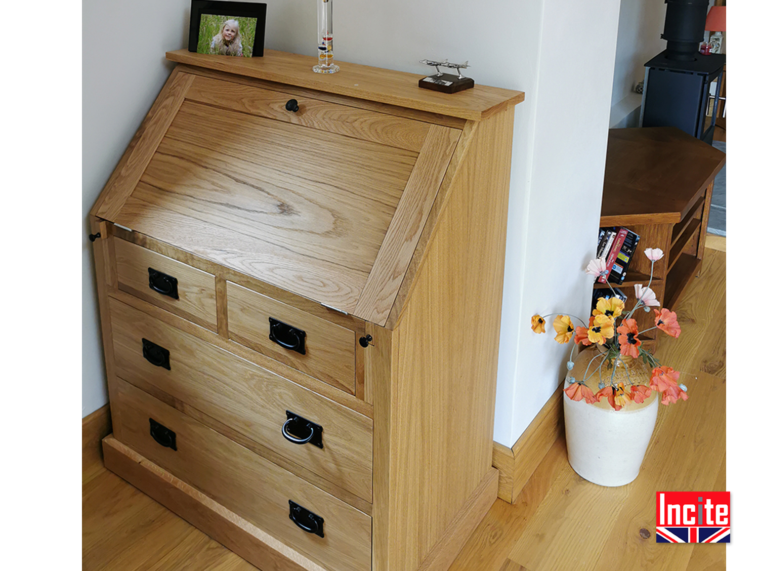 Custom British Made American Oak Bureau Cabinet By Incite